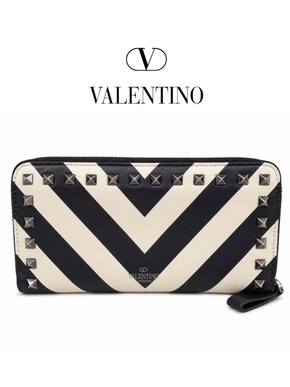 Valentino Garavani Rockstud Chevron Striped Print Zip Around Wallet